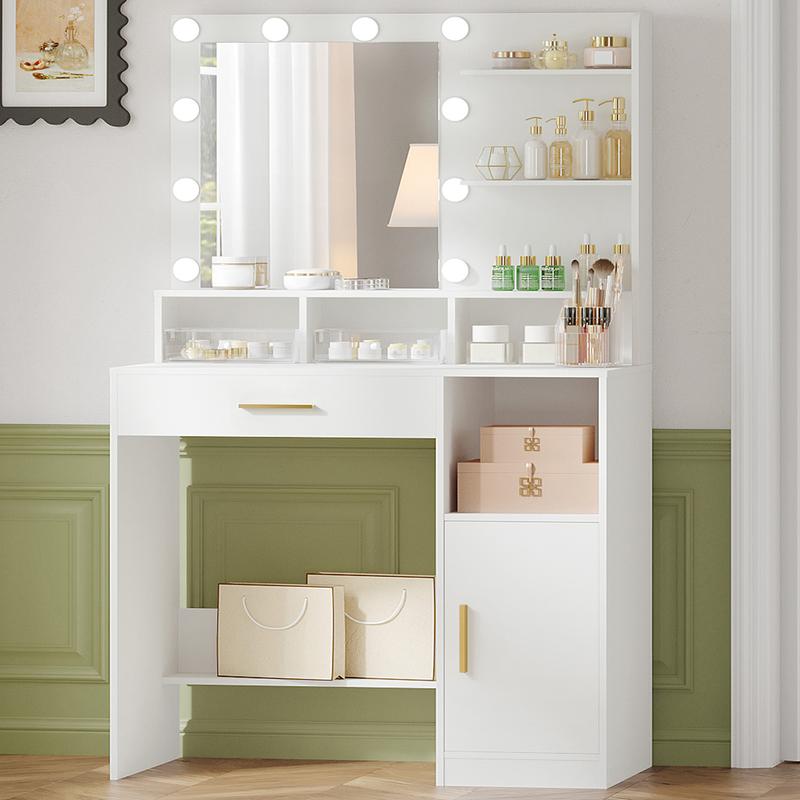 Hzuaneri coiffeuse avec miroir et 10 lumières LED, coiffeuse avec 3 étagères & 4 compartiments ouverts, coiffesuses avec grande tiroire & armoire, 3 niveaux de luminosité réglables — vignette 2