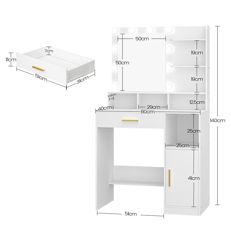 Hzuaneri coiffeuse avec miroir et 10 lumières LED, coiffeuse avec 3 étagères & 4 compartiments ouverts, coiffesuses avec grande tiroire & armoire, 3 niveaux de luminosité réglables — vignette 3
