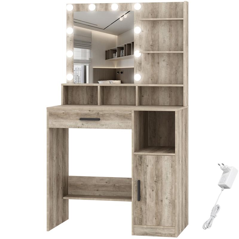 Hzuaneri coiffeuse avec miroir et 10 lumières LED, coiffeuse avec 3 étagères & 4 compartiments ouverts, coiffesuses avec grande tiroire & armoire, 3 niveaux de luminosité réglables — vignette 4