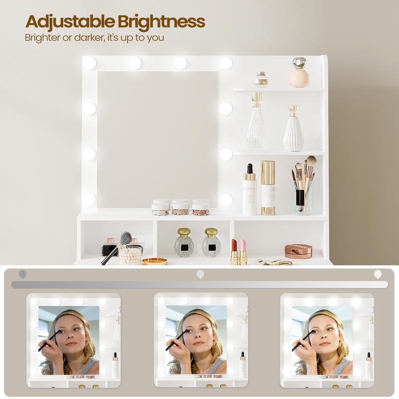 Hzuaneri coiffeuse avec miroir et 10 lumières LED, coiffeuse avec 3 étagères & 4 compartiments ouverts, coiffesuses avec grande tiroire & armoire, 3 niveaux de luminosité réglables — vignette 5
