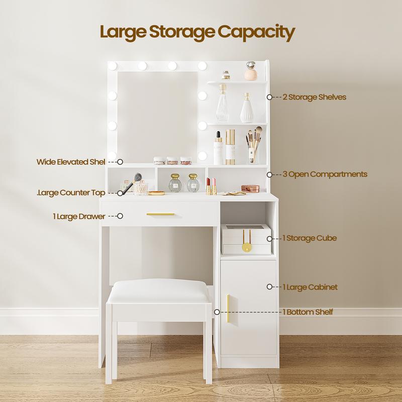 Hzuaneri coiffeuse avec miroir et 10 lumières LED, coiffeuse avec 3 étagères & 4 compartiments ouverts, coiffesuses avec grande tiroire & armoire, 3 niveaux de luminosité réglables — vignette 6