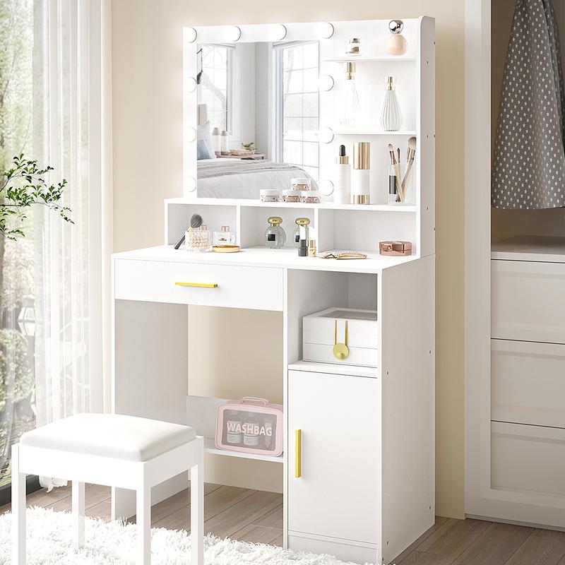 Hzuaneri coiffeuse avec miroir et 10 lumières LED, coiffeuse avec 3 étagères & 4 compartiments ouverts, coiffesuses avec grande tiroire & armoire, 3 niveaux de luminosité réglables — vignette 7