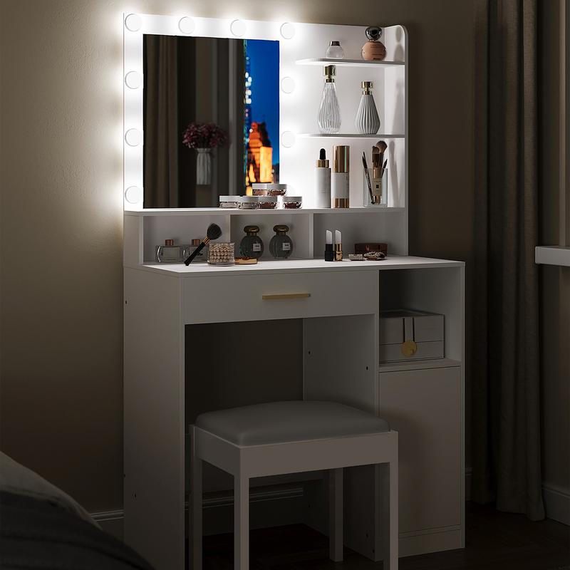 Hzuaneri coiffeuse avec miroir et 10 lumières LED, coiffeuse avec 3 étagères & 4 compartiments ouverts, coiffesuses avec grande tiroire & armoire, 3 niveaux de luminosité réglables — vignette 8