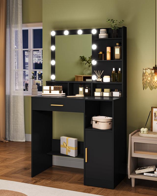 Hzuaneri coiffeuse avec miroir et 10 lumières LED, coiffeuse avec 3 étagères & 4 compartiments ouverts, coiffesuses avec grande tiroire & armoire, 3 niveaux de luminosité réglables — vignette 9