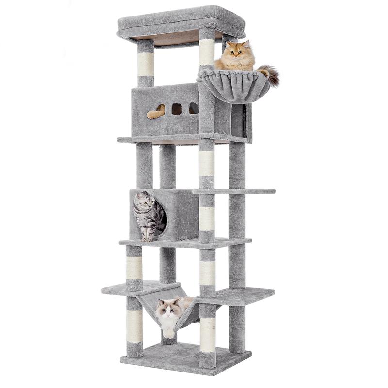 Hzuaneri grand arbre à griffer pour chats, hauteur de 210 cm, avec 8 arbres à griffer, 2 niches, grandes plateformes, tapis lavable, hamac, balles en peluche, arbre à griffer multi-niveaux