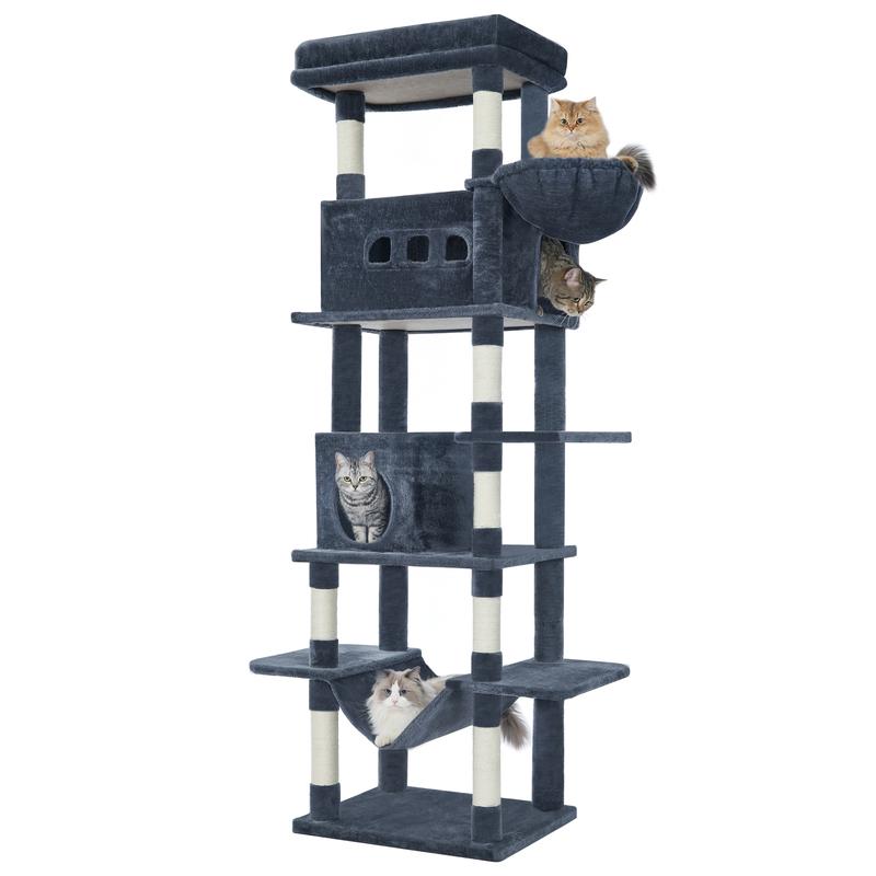 Hzuaneri grand arbre à griffer pour chats, hauteur de 210 cm, avec 8 arbres à griffer, 2 niches, grandes plateformes, tapis lavable, hamac, balles en peluche, arbre à griffer multi-niveaux — vignette 2