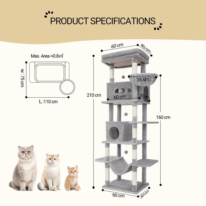 Hzuaneri grand arbre à griffer pour chats, hauteur de 210 cm, avec 8 arbres à griffer, 2 niches, grandes plateformes, tapis lavable, hamac, balles en peluche, arbre à griffer multi-niveaux — vignette 3