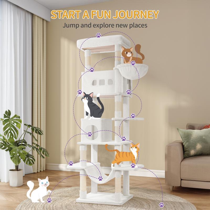 Hzuaneri grand arbre à griffer pour chats, hauteur de 210 cm, avec 8 arbres à griffer, 2 niches, grandes plateformes, tapis lavable, hamac, balles en peluche, arbre à griffer multi-niveaux — vignette 4