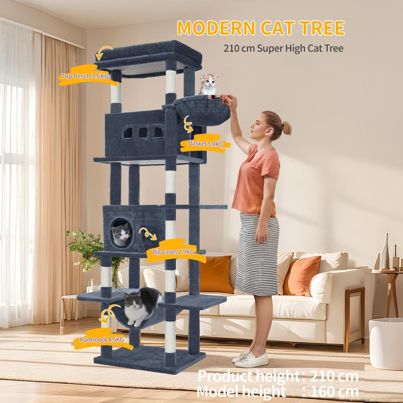 Hzuaneri grand arbre à griffer pour chats, hauteur de 210 cm, avec 8 arbres à griffer, 2 niches, grandes plateformes, tapis lavable, hamac, balles en peluche, arbre à griffer multi-niveaux — vignette 5