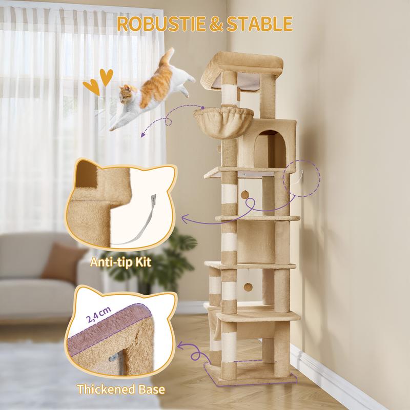 Hzuaneri grand arbre à griffer pour chats, hauteur de 210 cm, avec 8 arbres à griffer, 2 niches, grandes plateformes, tapis lavable, hamac, balles en peluche, arbre à griffer multi-niveaux — vignette 6