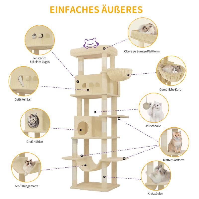 Hzuaneri grand arbre à griffer pour chats, hauteur de 210 cm, avec 8 arbres à griffer, 2 niches, grandes plateformes, tapis lavable, hamac, balles en peluche, arbre à griffer multi-niveaux — vignette 7