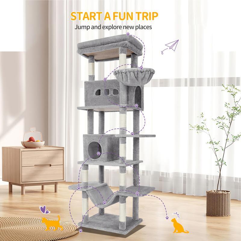 Hzuaneri grand arbre à griffer pour chats, hauteur de 210 cm, avec 8 arbres à griffer, 2 niches, grandes plateformes, tapis lavable, hamac, balles en peluche, arbre à griffer multi-niveaux — vignette 8