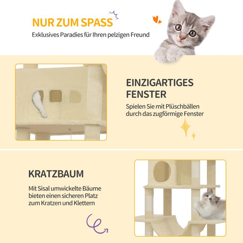 Hzuaneri grand arbre à griffer pour chats, hauteur de 210 cm, avec 8 arbres à griffer, 2 niches, grandes plateformes, tapis lavable, hamac, balles en peluche, arbre à griffer multi-niveaux — vignette 9