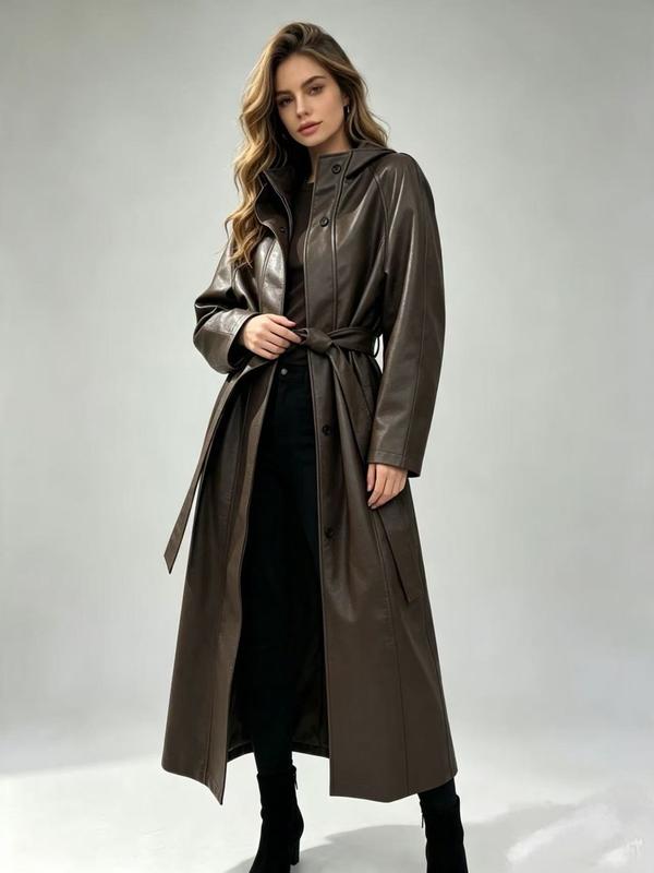 Imperméable long en similicuir à col montant pour femme, vêtement d’extérieur vintage effet cuir avec ceinture gainante, coupe ample mettant en valeur la taille, manches longues coupe‑vent, idéal pour les tenues streetwear au quotidien en automne et hiver