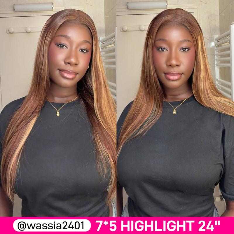 ISEE HAIR Perruque en dentelle 7*5 HD à reflets cheveux humains lisses sans colle à double tirage Perruque brésilienne colorée 7*5 avec fermeture en de ntelle HD#backtoschool — vignette 6