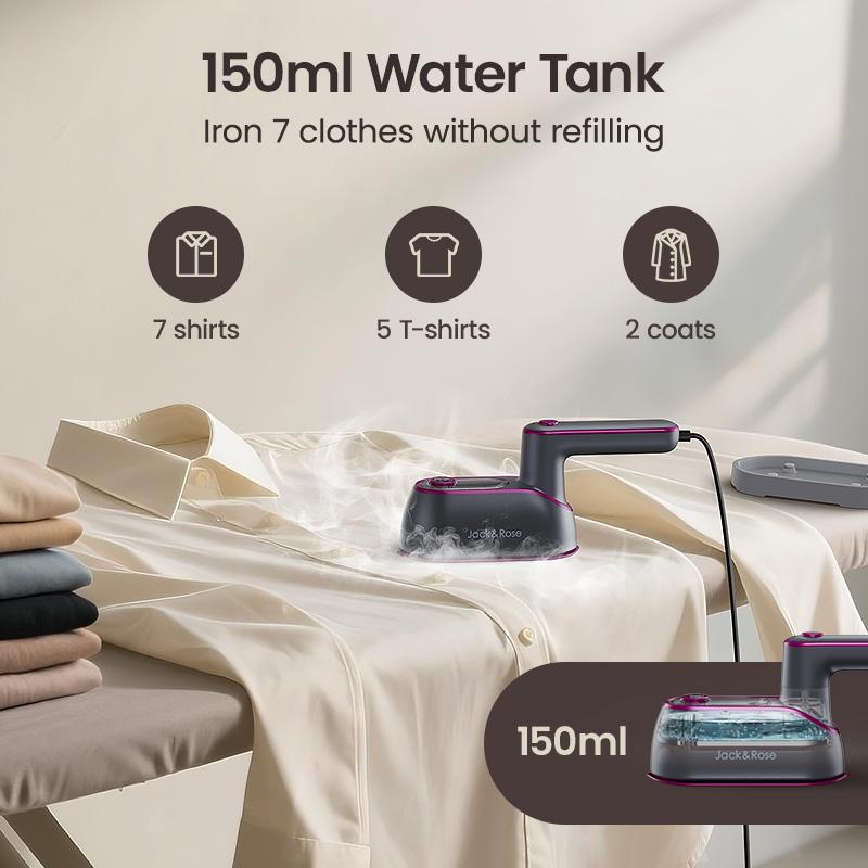 Jack & Rose fer à vapeur et vapeur vertical 2 en 1, chauffe rapide 1200W, réservoir de 150ml, dissolvant de rides pour vêtements Portable pour la maison, les voyages et le bureau, grande semelle, Design léger Rentrée scolaire — vignette 5