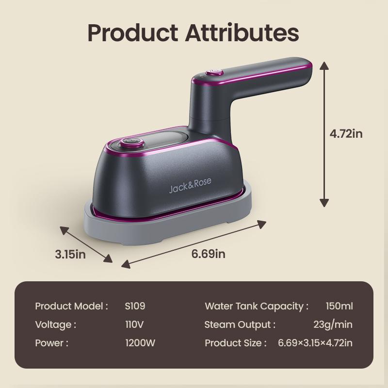 Jack & Rose fer à vapeur et vapeur vertical 2 en 1, chauffe rapide 1200W, réservoir de 150ml, dissolvant de rides pour vêtements Portable pour la maison, les voyages et le bureau, grande semelle, Design léger Rentrée scolaire — vignette 8