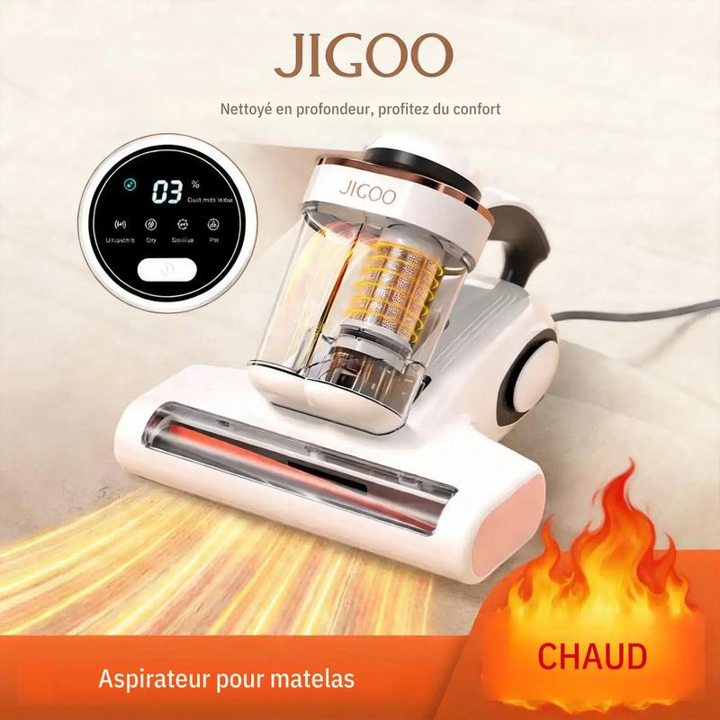 JIGOO J300 aspirateur anti-acariens avec capteur d’acariens et affichage LED intelligent, aspirateur de poussière anti-acariens 500 W avec lumière UV, ultrasons, pour personnes allergiques, élimine 99,9 % des allergènes sur les matelas, lits et canapés