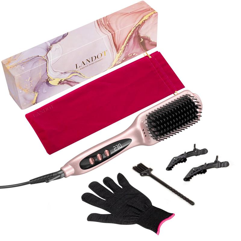 LANDOT Brosse lissante électrique pour cheveux | Peigne lissant anti-frisottis | Brosse chauffante en céramique avec technologie ionique | Température réglable de 120°C à 230°C | Coiffage rapide pour femme, looks quotidiens et rentrée scolaire