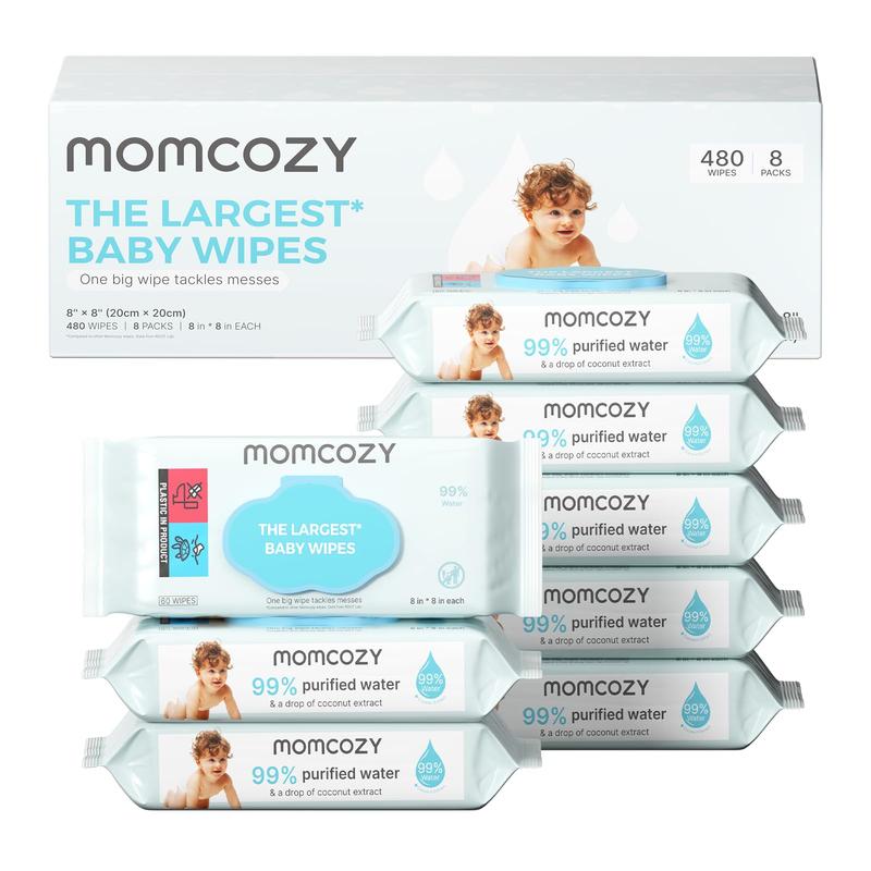 Lingettes pour bébé Momcozy – Format extra large, à 99 % d’eau, sans parfum et hypoallergéniques, lingettes nettoyantes et hydratantes pour la peau sensible du bébé, paquets de 8/12 avec couvercle rabattable (total de 480/720 lingettes)