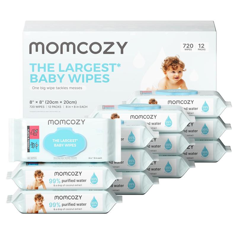 Lingettes pour bébé Momcozy – Format extra large, à 99 % d’eau, sans parfum et hypoallergéniques, lingettes nettoyantes et hydratantes pour la peau sensible du bébé, paquets de 8/12 avec couvercle rabattable (total de 480/720 lingettes) — vignette 2