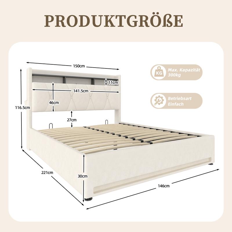 Lit de luxe 140x200cm/160x200cm cadre de lit rembourré avec éclairage LED fonction de charge USB Type-C rangement sous le lit tête de lit avec fonction de rangement cadre de lit à hydraulique matelas non inclus — vignette 2