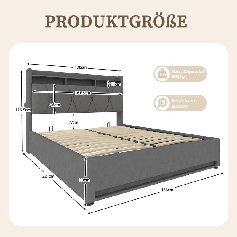 Lit de luxe 140x200cm/160x200cm cadre de lit rembourré avec éclairage LED fonction de charge USB Type-C rangement sous le lit tête de lit avec fonction de rangement cadre de lit à hydraulique matelas non inclus — vignette 3