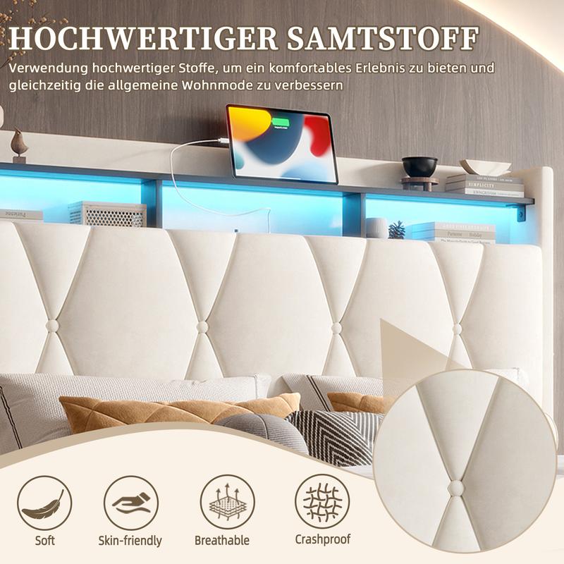 Lit de luxe 140x200cm/160x200cm cadre de lit rembourré avec éclairage LED fonction de charge USB Type-C rangement sous le lit tête de lit avec fonction de rangement cadre de lit à hydraulique matelas non inclus — vignette 4