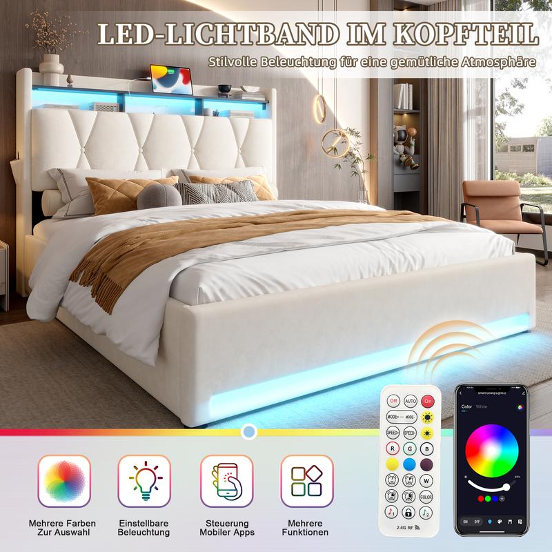 Lit de luxe 140x200cm/160x200cm cadre de lit rembourré avec éclairage LED fonction de charge USB Type-C rangement sous le lit tête de lit avec fonction de rangement cadre de lit à hydraulique matelas non inclus — vignette 5