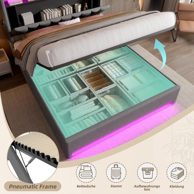 Lit de luxe 140x200cm/160x200cm cadre de lit rembourré avec éclairage LED fonction de charge USB Type-C rangement sous le lit tête de lit avec fonction de rangement cadre de lit à hydraulique matelas non inclus — vignette 7