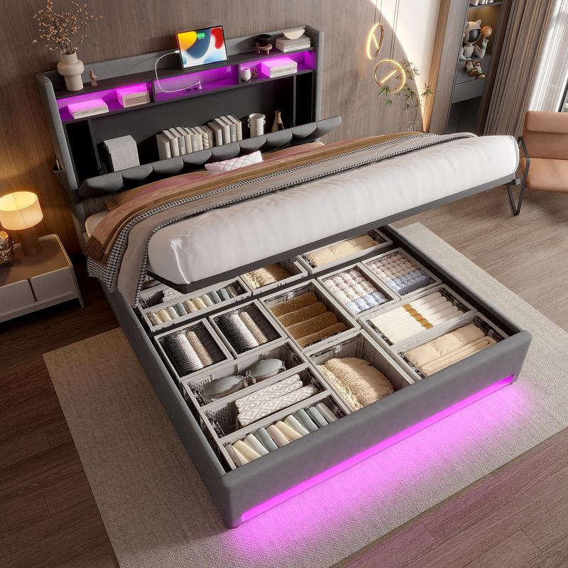 Lit de luxe 140x200cm/160x200cm cadre de lit rembourré avec éclairage LED fonction de charge USB Type-C rangement sous le lit tête de lit avec fonction de rangement cadre de lit à hydraulique matelas non inclus — vignette 9