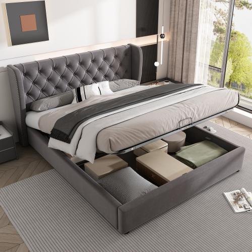 Lit double en forme d'oreilles, recouvert de velours, cadre de lit 140 x 200 cm, lit hydraulique, lit coffre avec sommier à lattes et espace de rangement, gris/beige, sans matelas — vignette 2