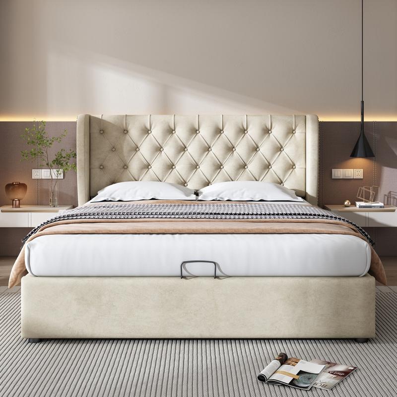 Lit double en forme d'oreilles, recouvert de velours, cadre de lit 140 x 200 cm, lit hydraulique, lit coffre avec sommier à lattes et espace de rangement, gris/beige, sans matelas — vignette 3