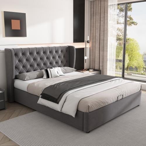 Lit double en forme d'oreilles, recouvert de velours, cadre de lit 140 x 200 cm, lit hydraulique, lit coffre avec sommier à lattes et espace de rangement, gris/beige, sans matelas — vignette 4