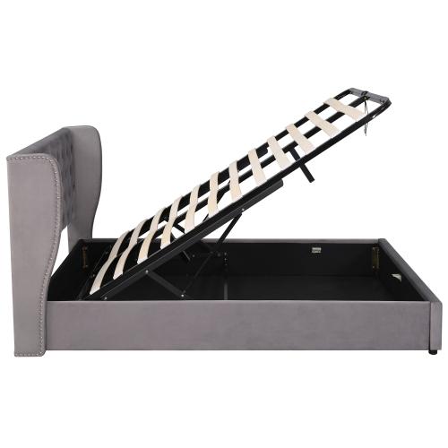 Lit double en forme d'oreilles, recouvert de velours, cadre de lit 140 x 200 cm, lit hydraulique, lit coffre avec sommier à lattes et espace de rangement, gris/beige, sans matelas — vignette 7