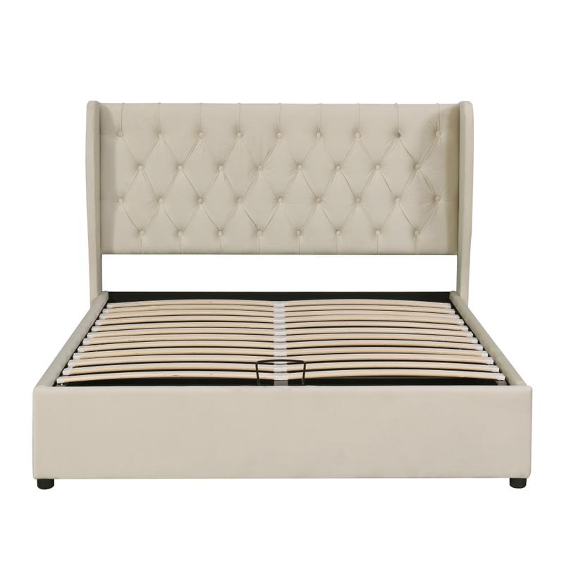 Lit double en forme d'oreilles, recouvert de velours, cadre de lit 140 x 200 cm, lit hydraulique, lit coffre avec sommier à lattes et espace de rangement, gris/beige, sans matelas — vignette 8
