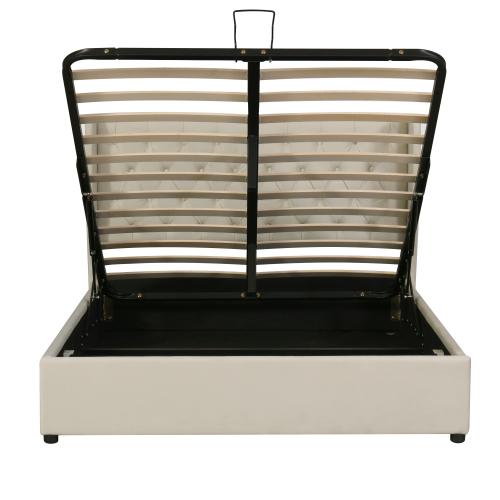 Lit double en forme d'oreilles, recouvert de velours, cadre de lit 140 x 200 cm, lit hydraulique, lit coffre avec sommier à lattes et espace de rangement, gris/beige, sans matelas — vignette 9