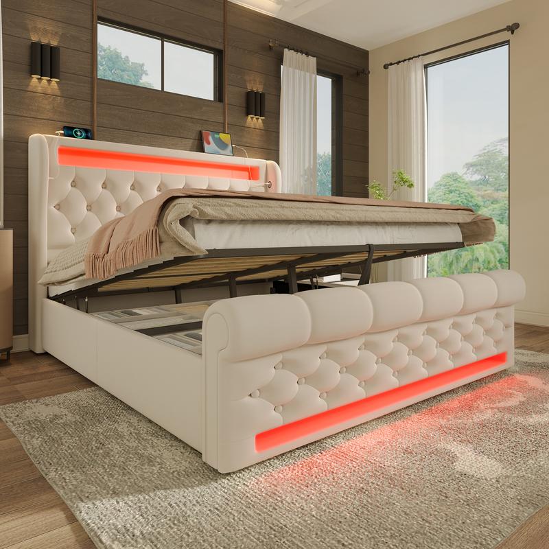 Lit matelassé moderne, lit double avec éclairage LED, tête de lit avec rangement, ports USB et Type‑C, rangement hydraulique et housse en velours — vignette 2