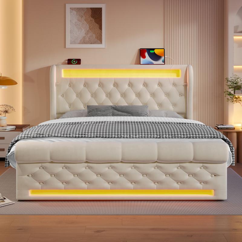 Lit matelassé moderne, lit double avec éclairage LED, tête de lit avec rangement, ports USB et Type‑C, rangement hydraulique et housse en velours — vignette 3