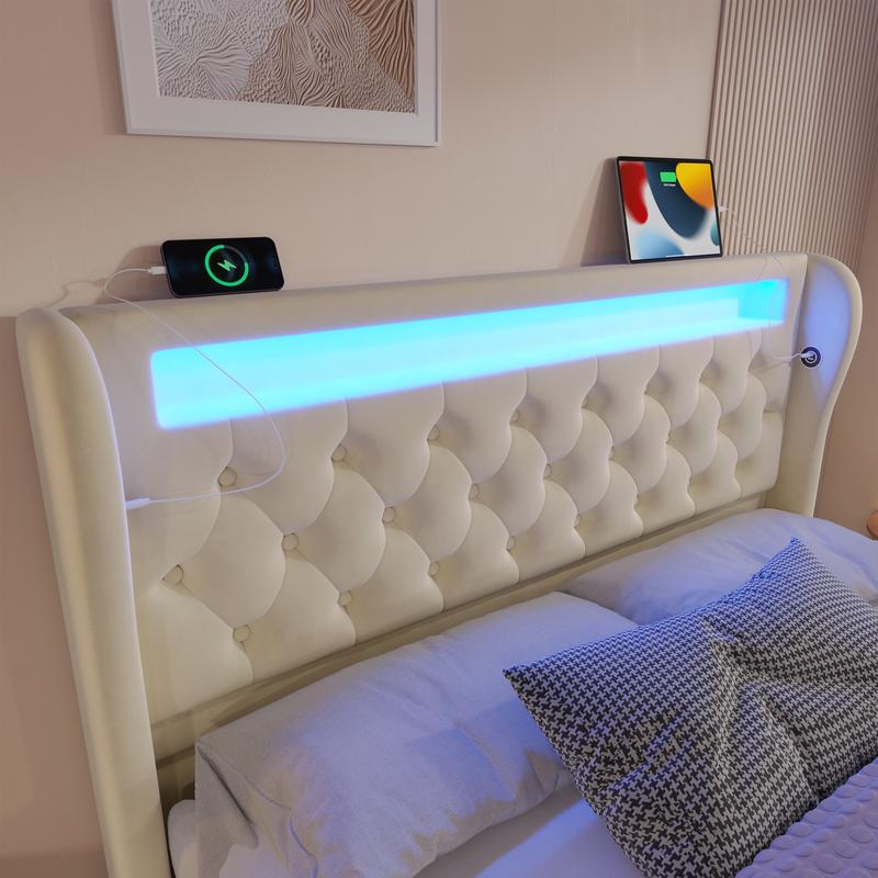 Lit matelassé moderne, lit double avec éclairage LED, tête de lit avec rangement, ports USB et Type‑C, rangement hydraulique et housse en velours — vignette 4