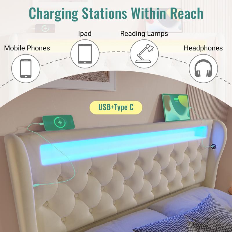 Lit matelassé moderne, lit double avec éclairage LED, tête de lit avec rangement, ports USB et Type‑C, rangement hydraulique et housse en velours — vignette 5