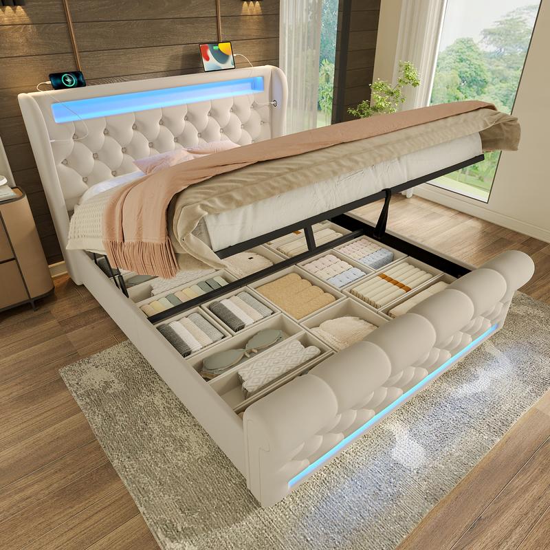 Lit matelassé moderne, lit double avec éclairage LED, tête de lit avec rangement, ports USB et Type‑C, rangement hydraulique et housse en velours — vignette 6