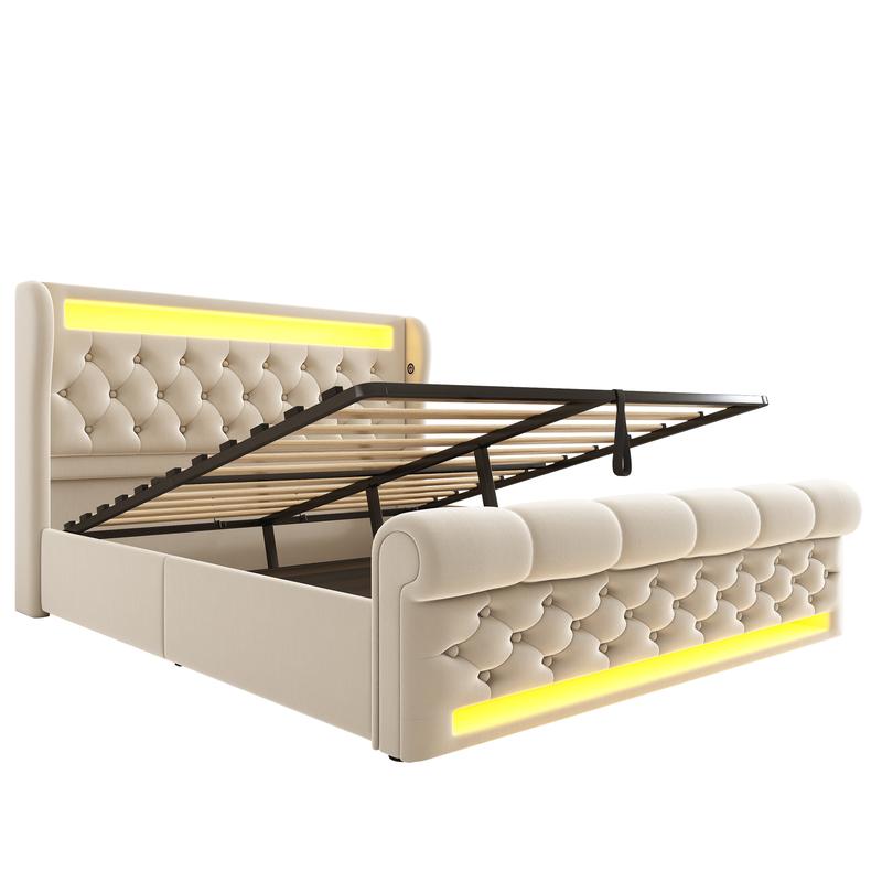 Lit matelassé moderne, lit double avec éclairage LED, tête de lit avec rangement, ports USB et Type‑C, rangement hydraulique et housse en velours — vignette 7