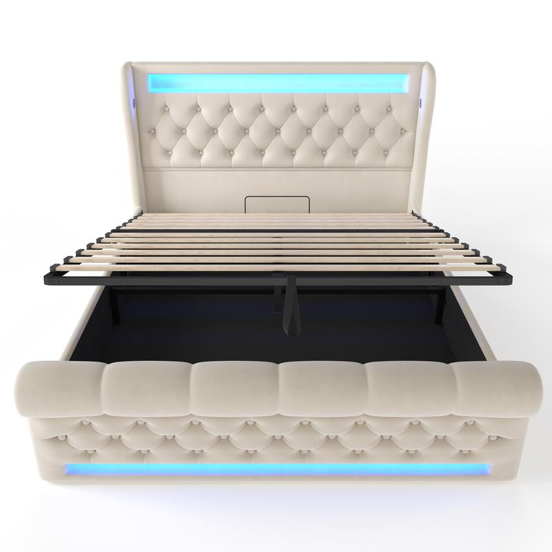 Lit matelassé moderne, lit double avec éclairage LED, tête de lit avec rangement, ports USB et Type‑C, rangement hydraulique et housse en velours — vignette 8