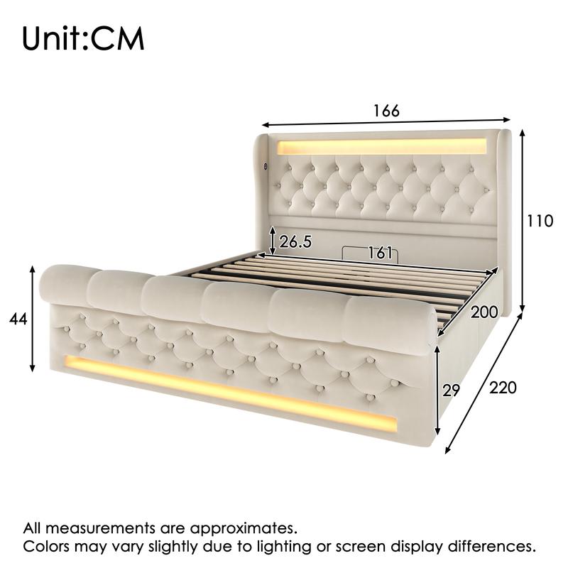 Lit matelassé moderne, lit double avec éclairage LED, tête de lit avec rangement, ports USB et Type‑C, rangement hydraulique et housse en velours — vignette 9
