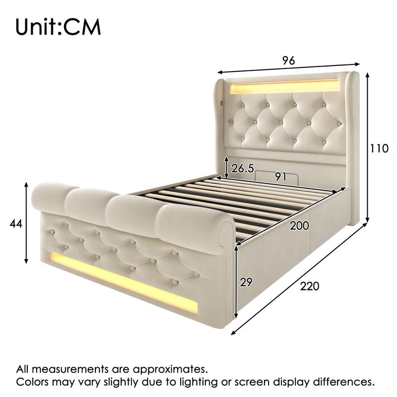 Lit Moderne en Velours Beige, 90/140/160x200cm, Lit Simple avec Lumières LED, Tête de Lit avec Stockage via Ports USB et Type-C, Mécanisme Hydraulique, Matelas non inclus — vignette 2