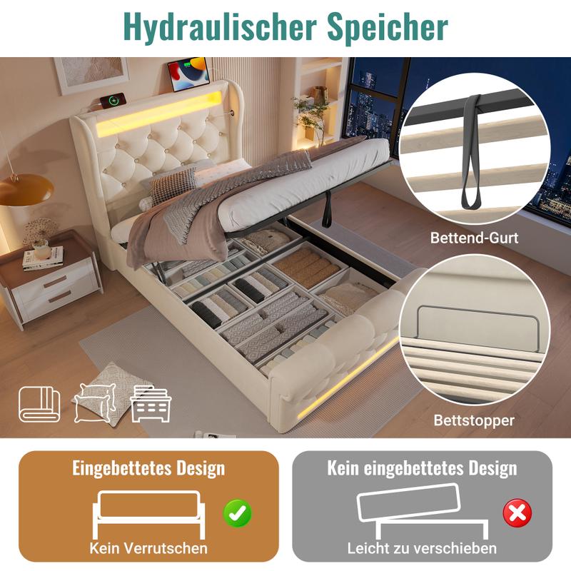 Lit Moderne en Velours Beige, 90/140/160x200cm, Lit Simple avec Lumières LED, Tête de Lit avec Stockage via Ports USB et Type-C, Mécanisme Hydraulique, Matelas non inclus — vignette 3