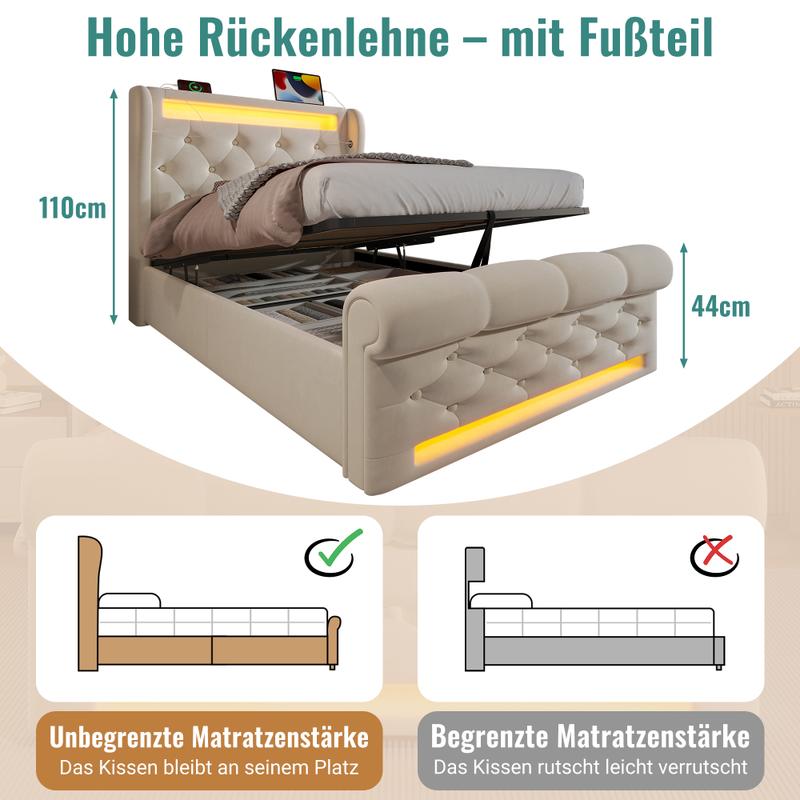 Lit Moderne en Velours Beige, 90/140/160x200cm, Lit Simple avec Lumières LED, Tête de Lit avec Stockage via Ports USB et Type-C, Mécanisme Hydraulique, Matelas non inclus — vignette 4