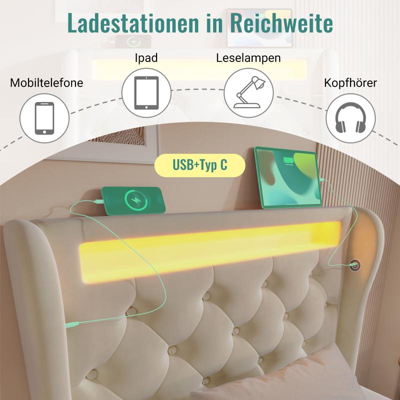 Lit Moderne en Velours Beige, 90/140/160x200cm, Lit Simple avec Lumières LED, Tête de Lit avec Stockage via Ports USB et Type-C, Mécanisme Hydraulique, Matelas non inclus — vignette 5