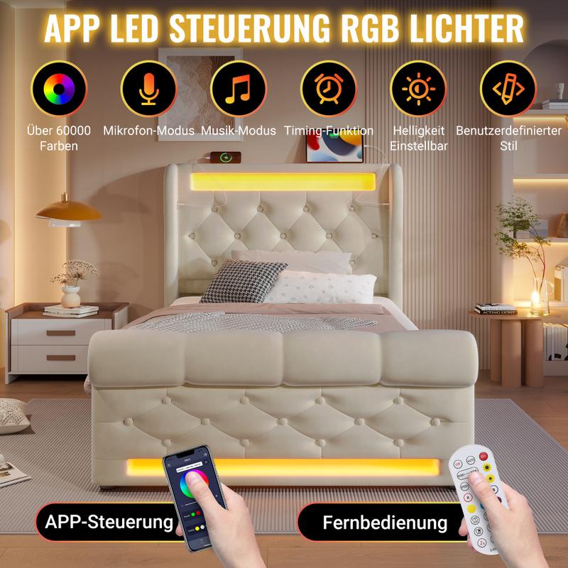 Lit Moderne en Velours Beige, 90/140/160x200cm, Lit Simple avec Lumières LED, Tête de Lit avec Stockage via Ports USB et Type-C, Mécanisme Hydraulique, Matelas non inclus — vignette 6